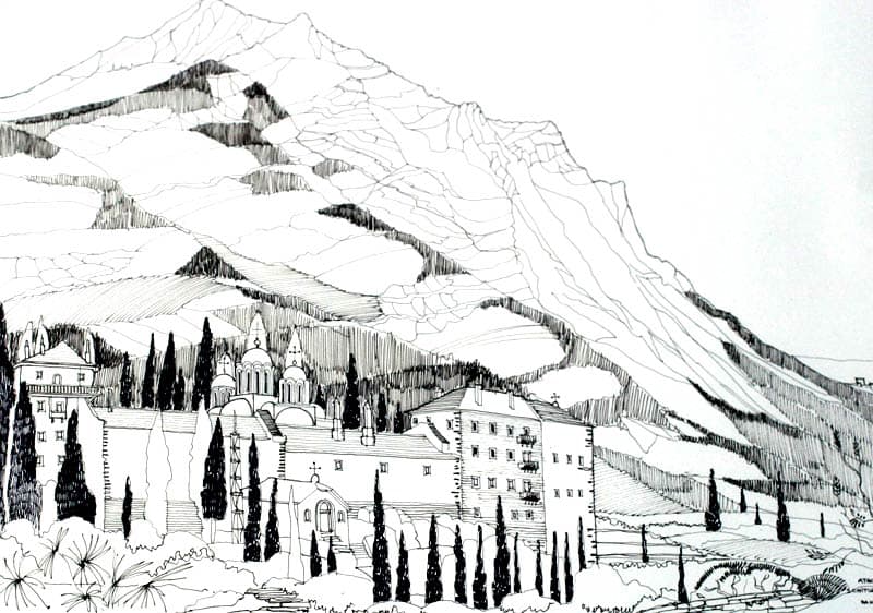 Schitul românesc Prodromu - Vedere exterioară cu vârful muntelui Athon