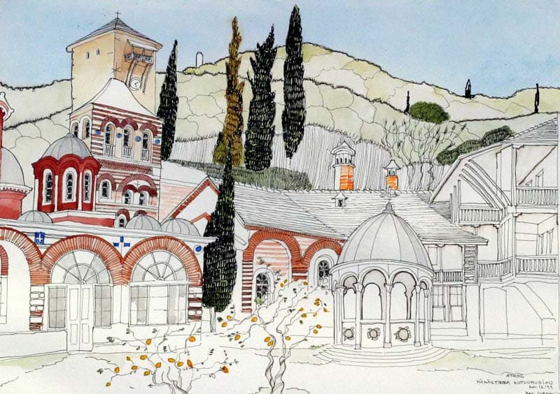 Sf. Mănăstire Koutlumusiu - Vedere interioară cu aghiasmatar